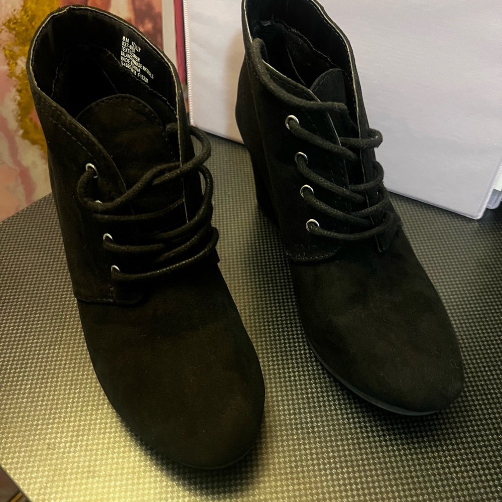 Black Suede Ankle Booties with Wedge Heel - Picture 3 of 8